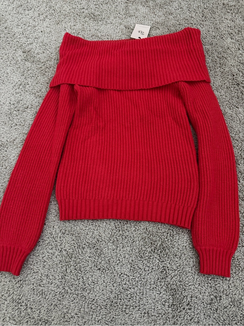 Off-Shoulder Red Ribbed Sweater - Picture 2 of 3